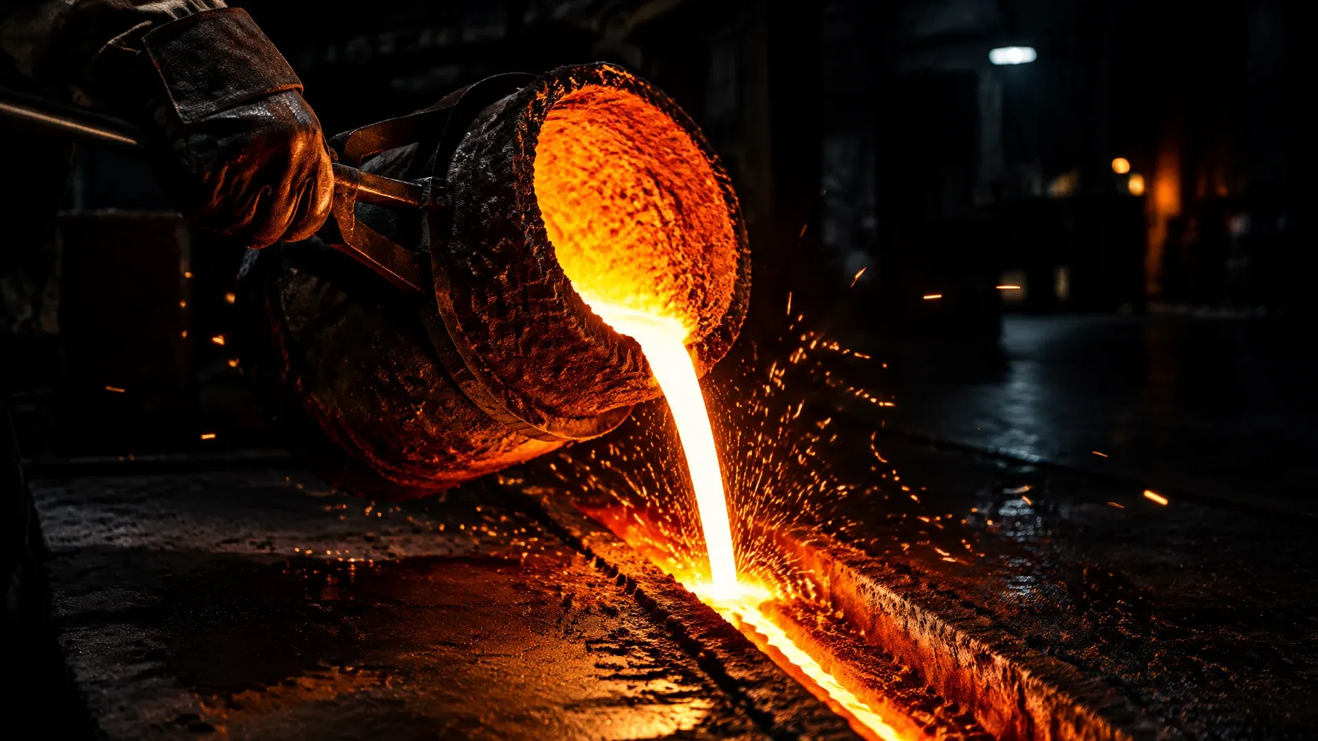 Behandschuhter Arm kippt einen glühenden Schmelztiegel, flüssiges Metall läuft in eine Rinne im Hallenboden