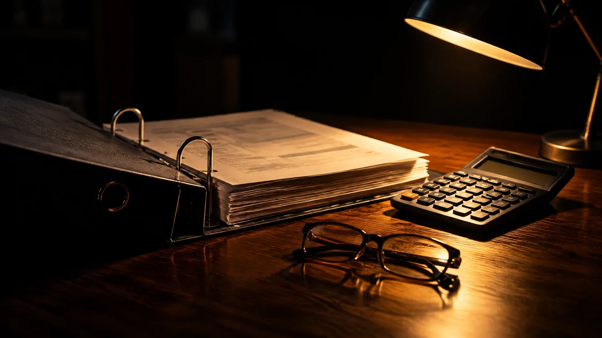 Aufgeschlagener Aktenordner, Taschenrechner und Lesebrille auf einem dunklen Holztisch unter einer Schreibtischlampe