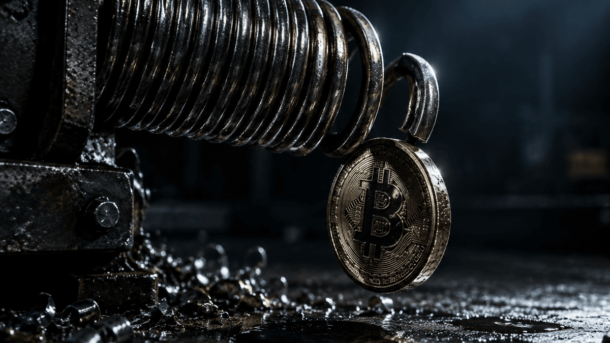 Gespannte Stahlfeder einer Industriewinde hält eine Münze mit Bitcoin-Prägung, eine Windung löst sich bereits