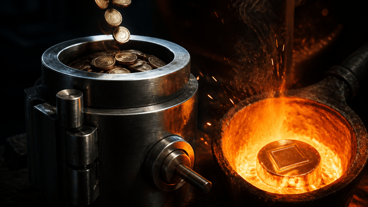 Sealed steel container with coins trickling into it, next to it a glowing crucible with a coin melting away