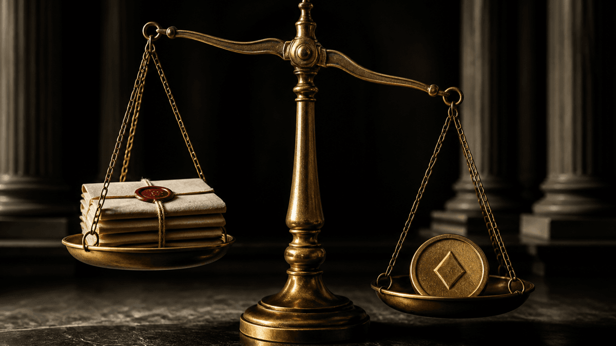 Brass scale with sealed documents on one pan and a coin on the other