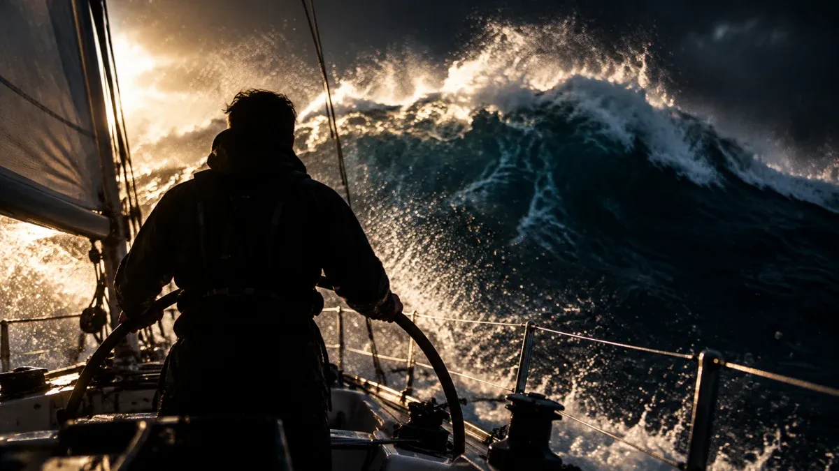 Silhouette of a sailor at the helm in front of a tall wave front rolling in