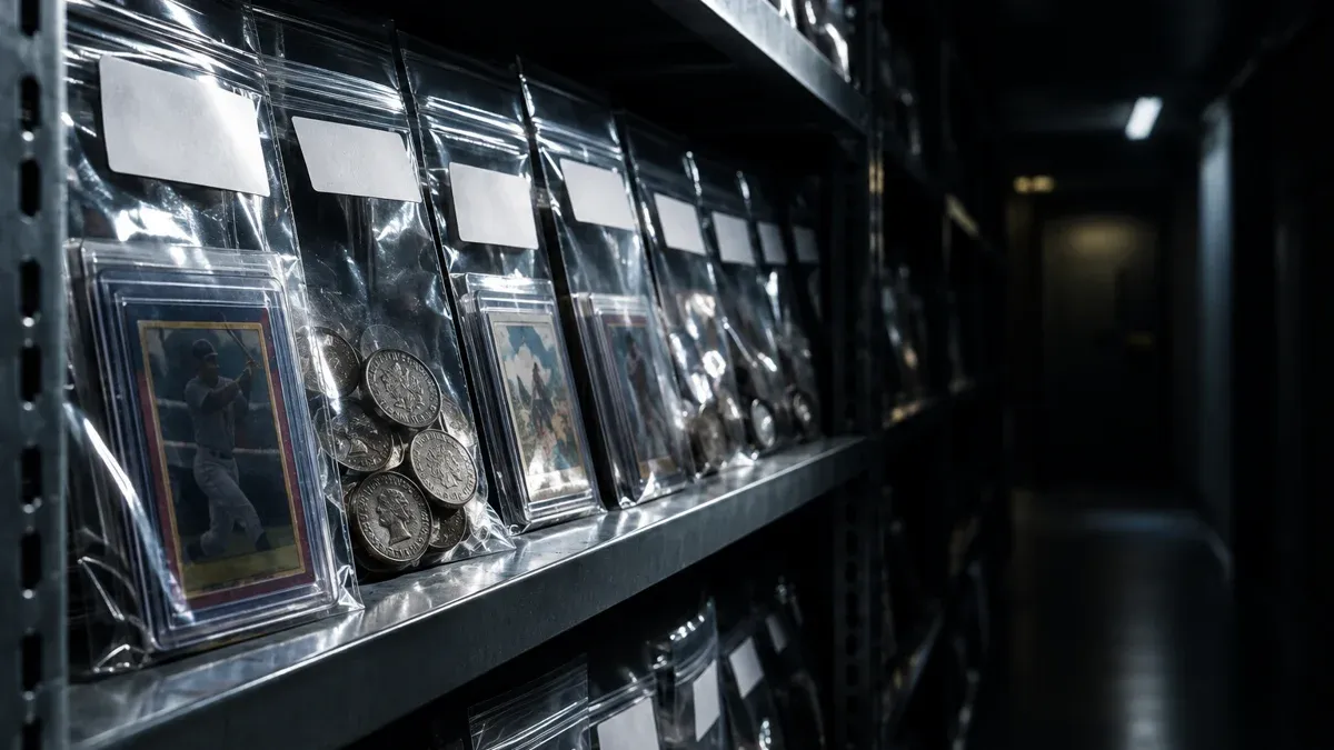 Stahlregal in einer Asservatenkammer mit versiegelten durchsichtigen Beweismittelbeuteln, darin Sammlerkarten in Schutzhüllen und alte Silbermünzen