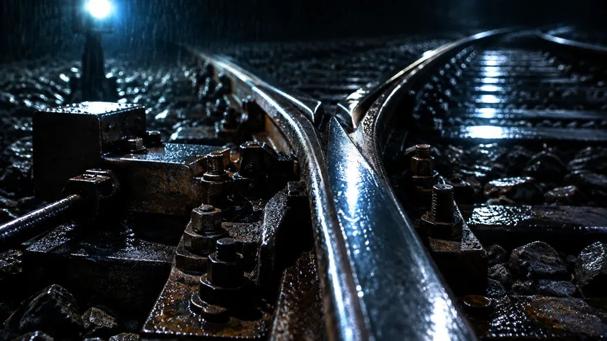 Nasse eiserne Eisenbahnweiche aus naechster Naehe, das Gleis teilt sich in zwei Richtungen