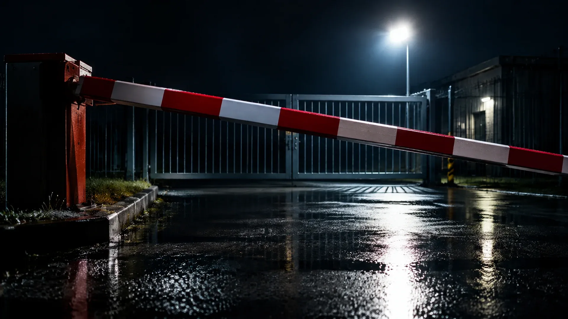 Eine schwere rot-weiße Schranke senkt sich über eine leere nächtliche Werkszufahrt, nasser Asphalt spiegelt ein Flutlicht