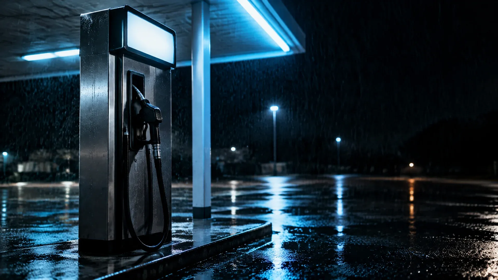 Zapfsäule einer Tankstelle bei Nacht im Regen mit leerer Preistafel