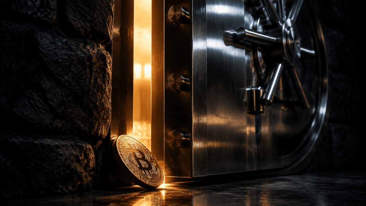 A polished steel vault door in a vaulted wall, opened a crack with warm light in the gap, and in front of it a metal coin bearing the Bitcoin symbol lying at an angle