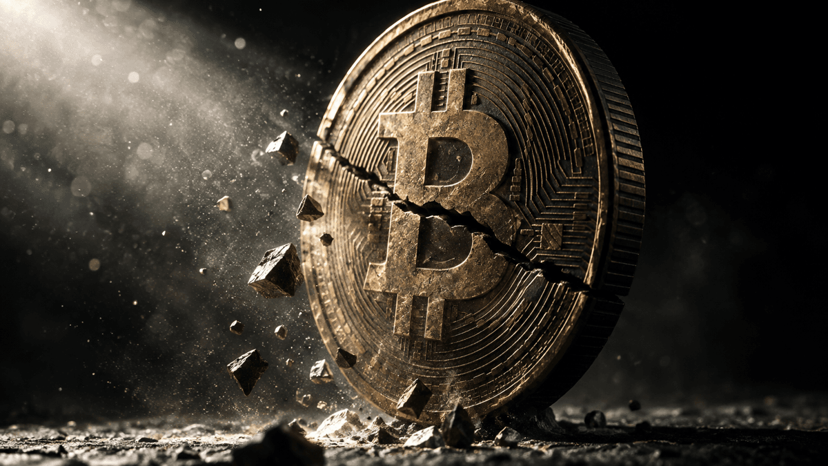 A large metal coin bearing the Bitcoin symbol standing upright with a fine crack running through it, single splinters coming loose in hard side light