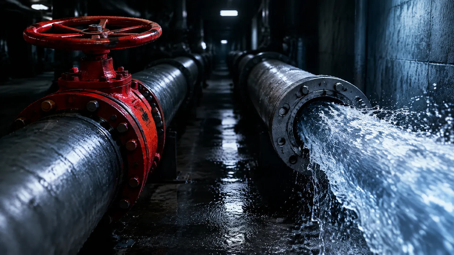 Zwei Stahlrohre in einem dunklen Technikgang: am linken Rohr ist ein rotes Absperrventil zugedreht, aus dem rechten Rohr ohne Ventil schießt Wasser am offenen Flansch heraus.