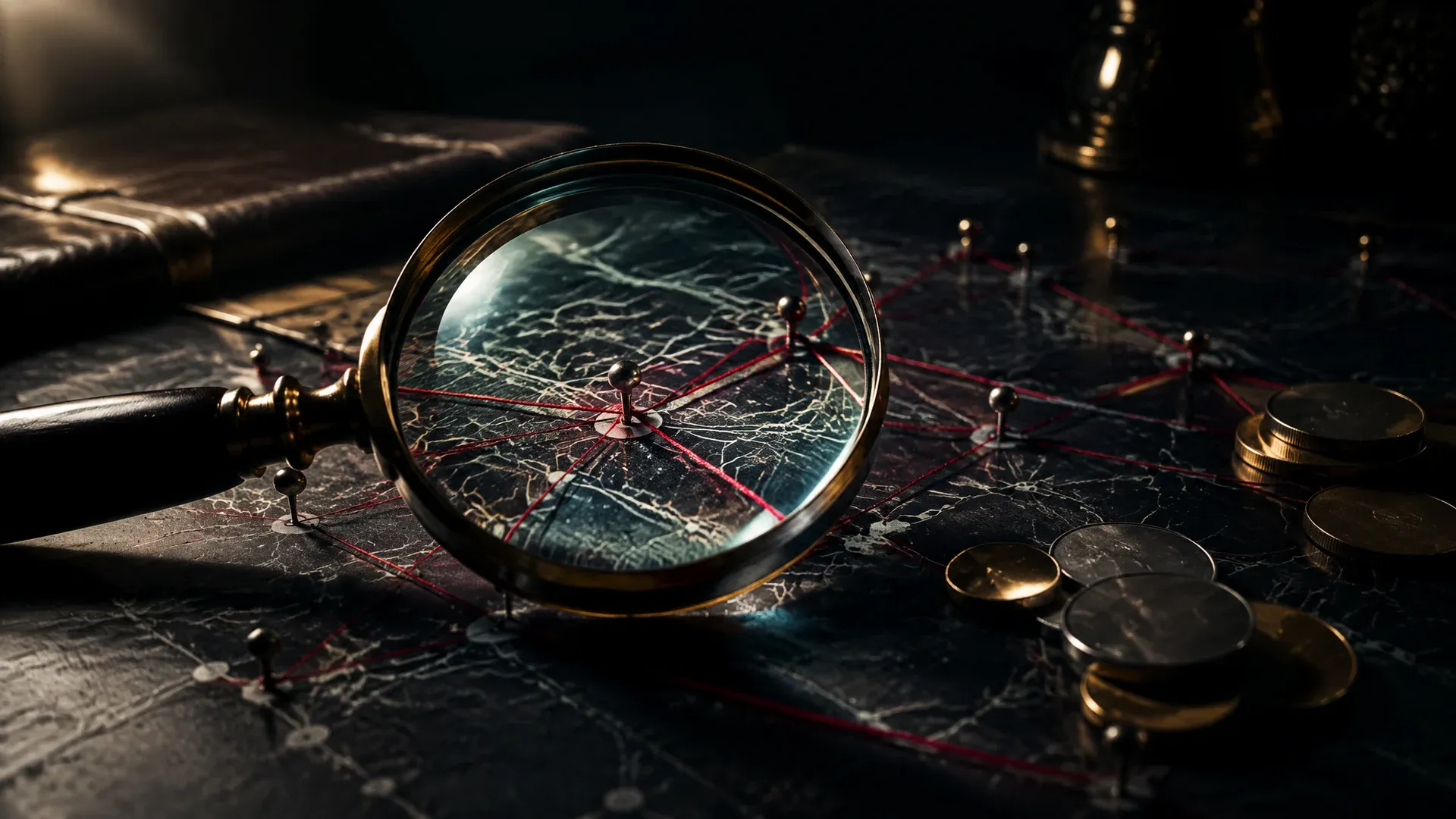 Magnifying glass over a map of connected dots and red threads