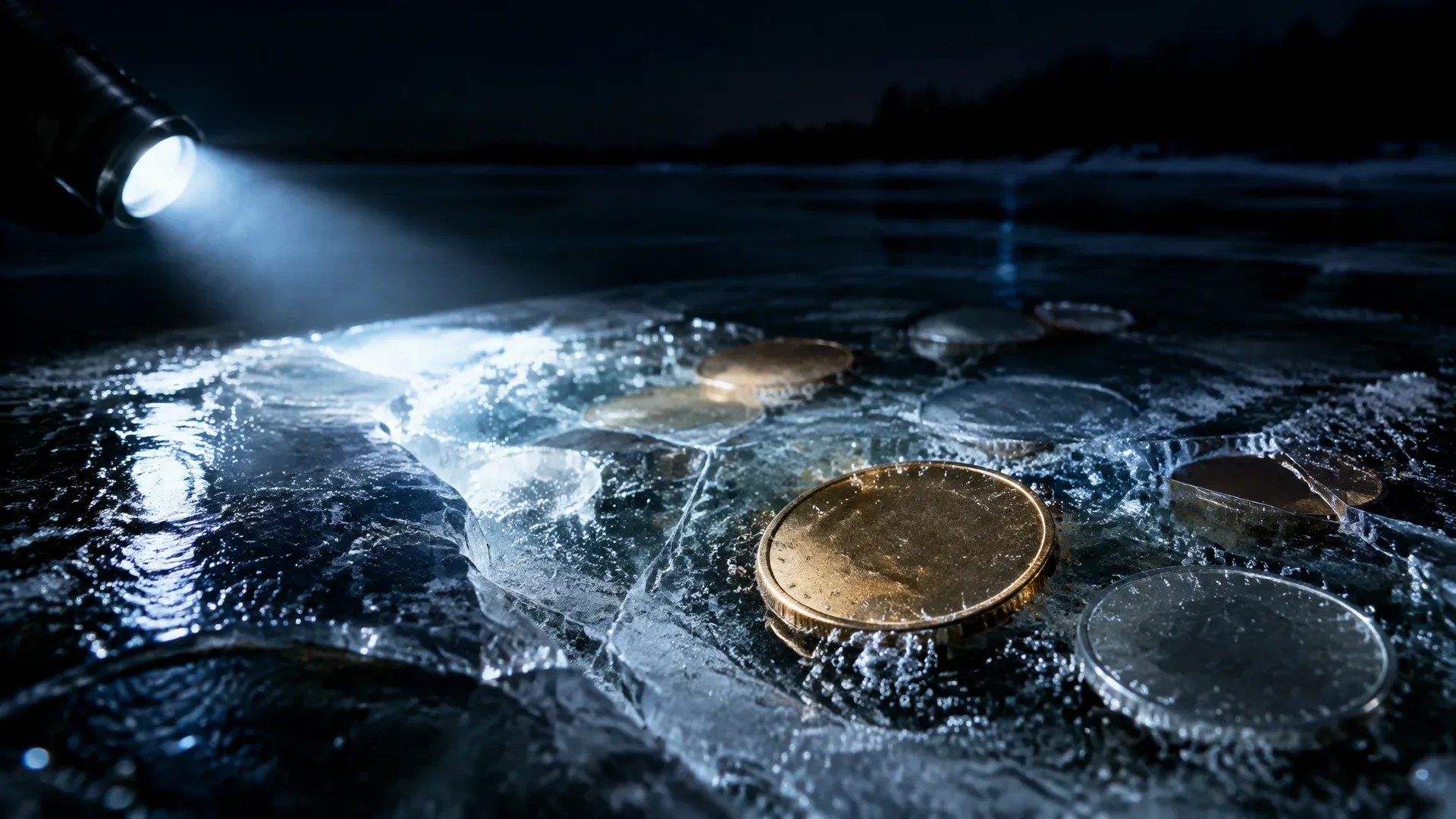 Coins trapped in the clear ice of a frozen river at night