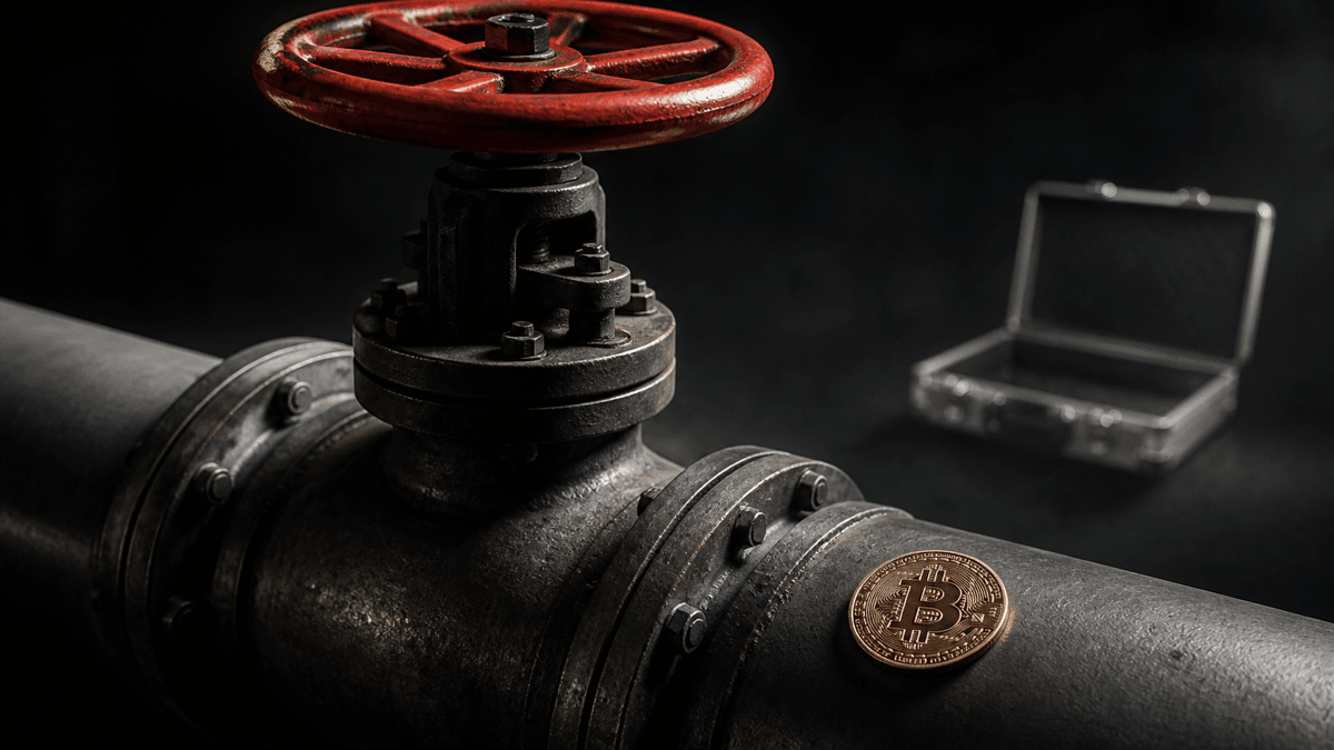 Großes rotes Absperrventil auf einer genieteten Stahlleitung, im Hintergrund unscharf eine geöffnete leere Metallkassette, auf dem Rohr liegt eine Goldmünze mit Bitcoin-Zeichen