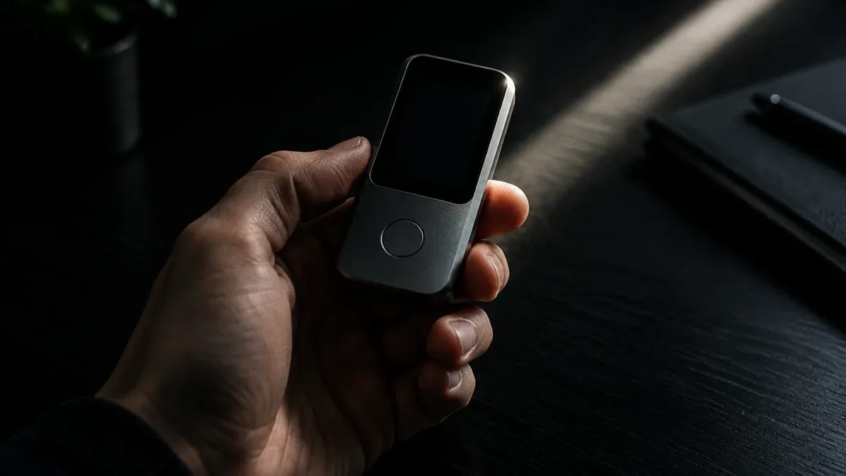 Hand hält ein markenloses Hardware-Wallet mit dunklem Display über einem Schreibtisch im Seitenlicht