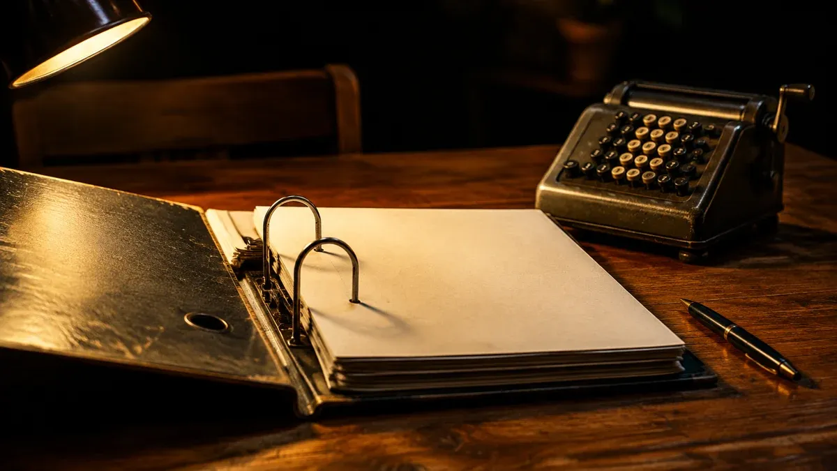 An open ring binder with blank sheets and a desk calculator on a wooden table