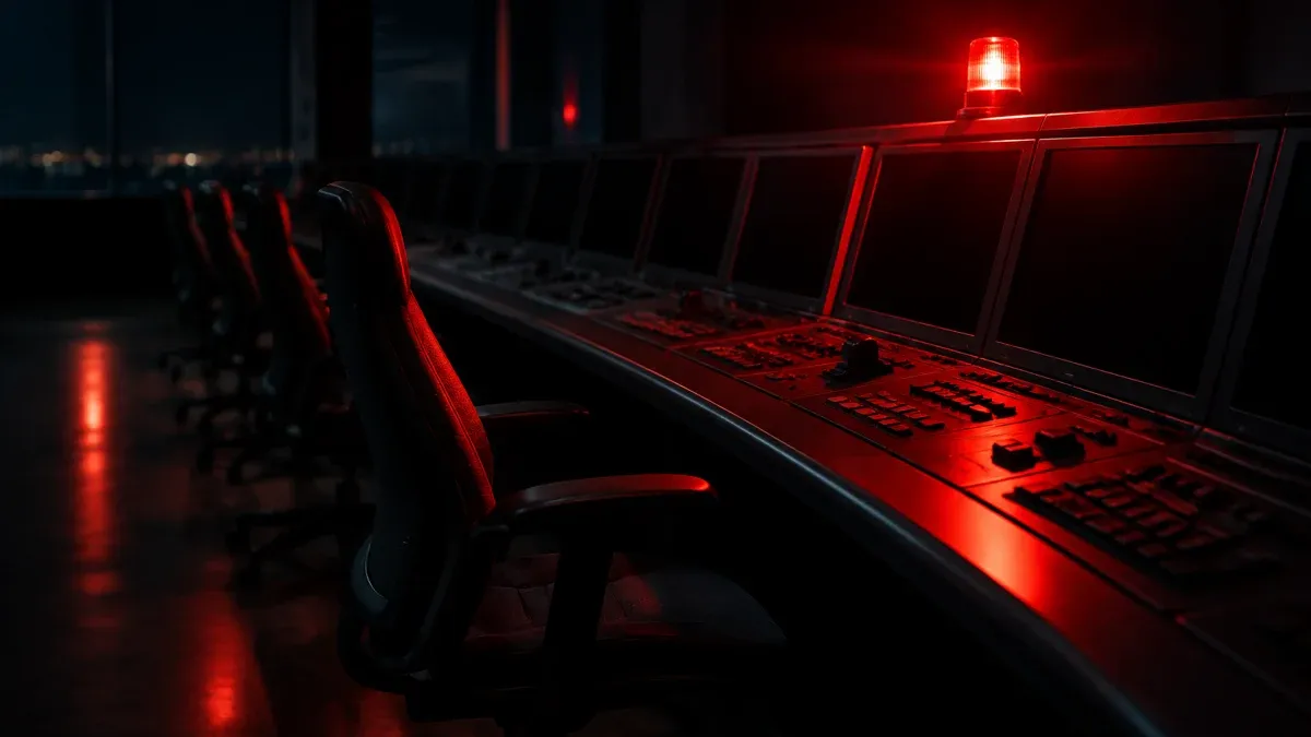 Night-time control room with darkened consoles and a single red warning lamp