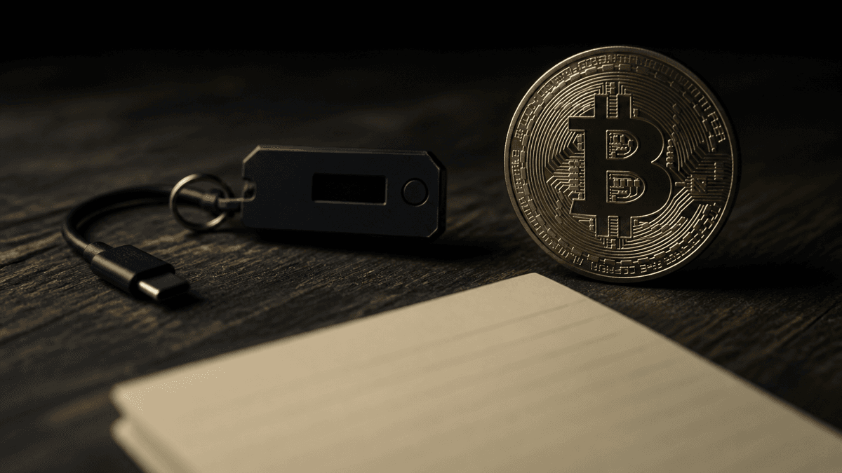 A small black metal device with a blank display, an unplugged cable and a gold coin on a dark wooden surface
