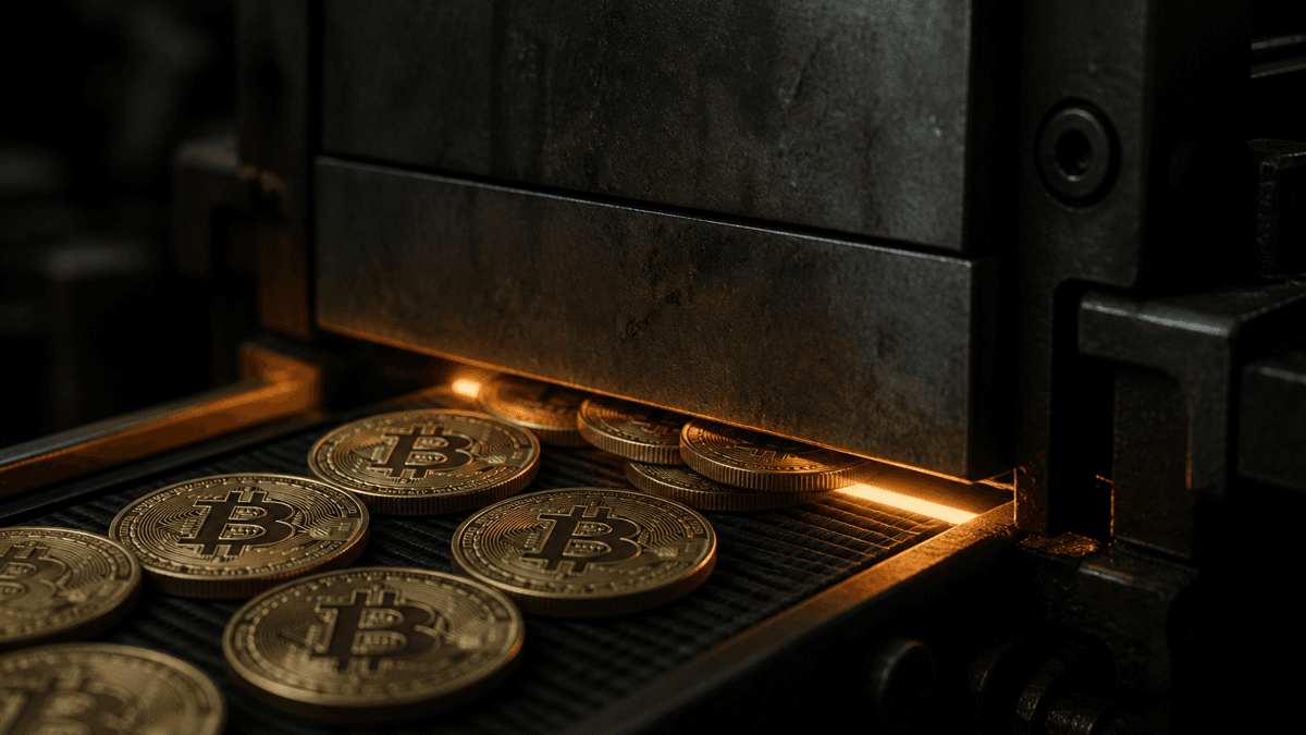Steel gate descending over a conveyor belt of metal coins, the last coins piling up in front of the closing flap