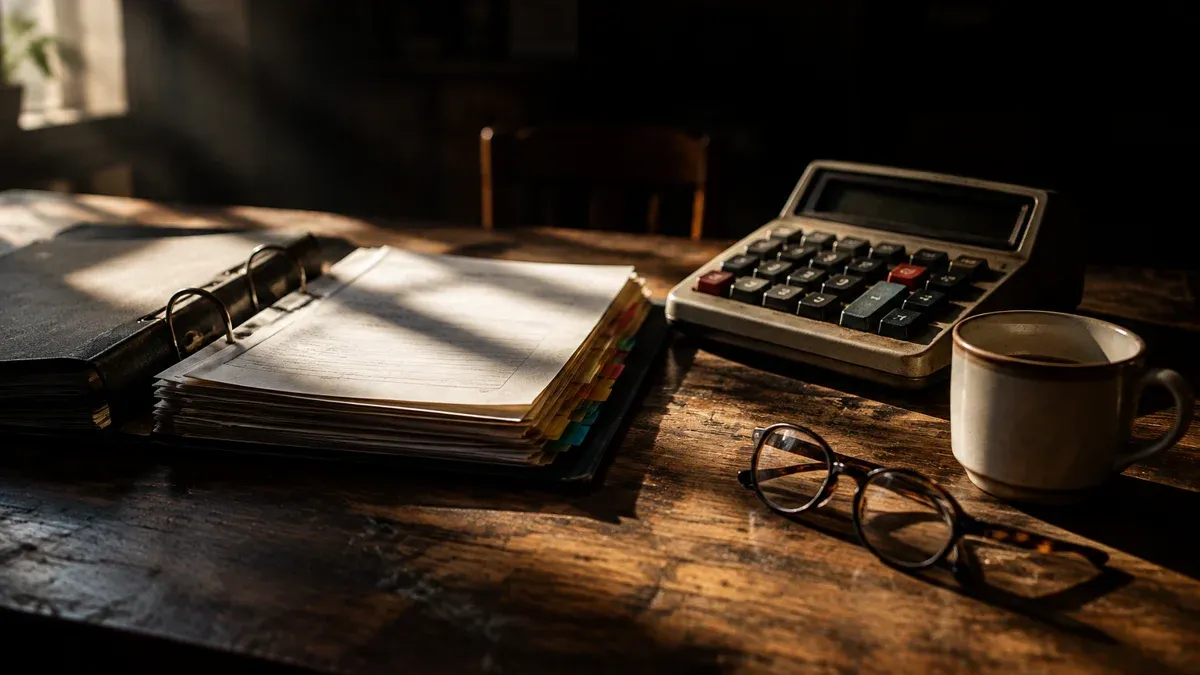 An open ring binder with coloured index tabs, an old desk calculator, a cup and a pair of reading glasses on a wooden table in morning light.