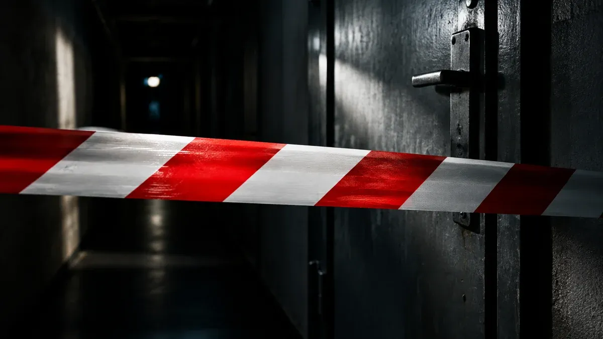 Red and white barrier tape in front of a closed steel door in a dark corridor