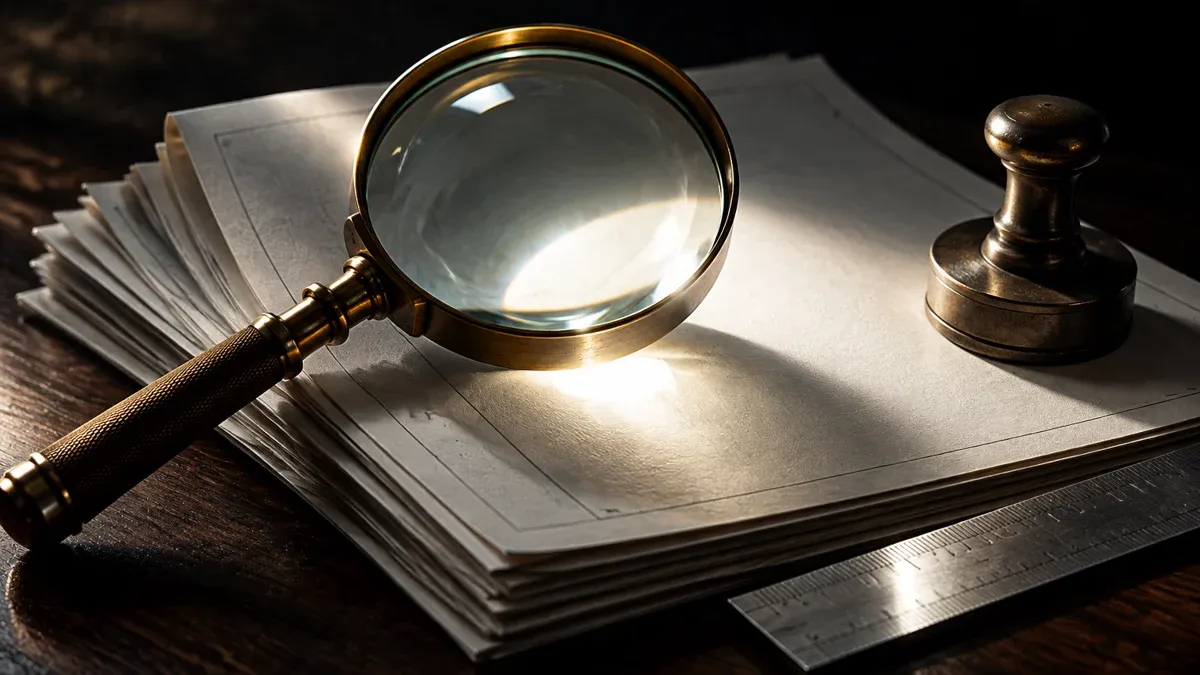 Large magnifying glass with a brass handle on a stack of blank audit sheets, next to an inspection stamp