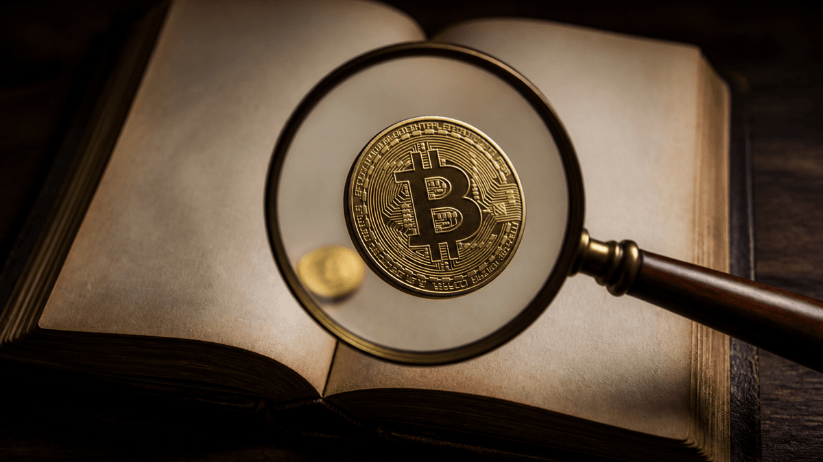 Aufgeschlagener Lederfoliant mit leeren Seiten, darüber eine Messinglupe, durch deren Linse eine goldene Münze mit Bitcoin-Zeichen stark vergrößert erscheint