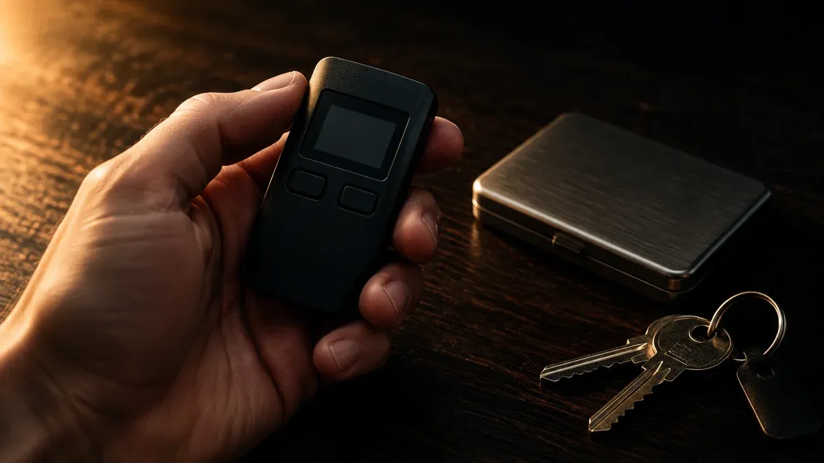 Hardware-Wallet ohne Markenzeichen in einer Hand, daneben ein geschlossenes Metallgehäuse und ein Schlüsselbund auf dunklem Holz