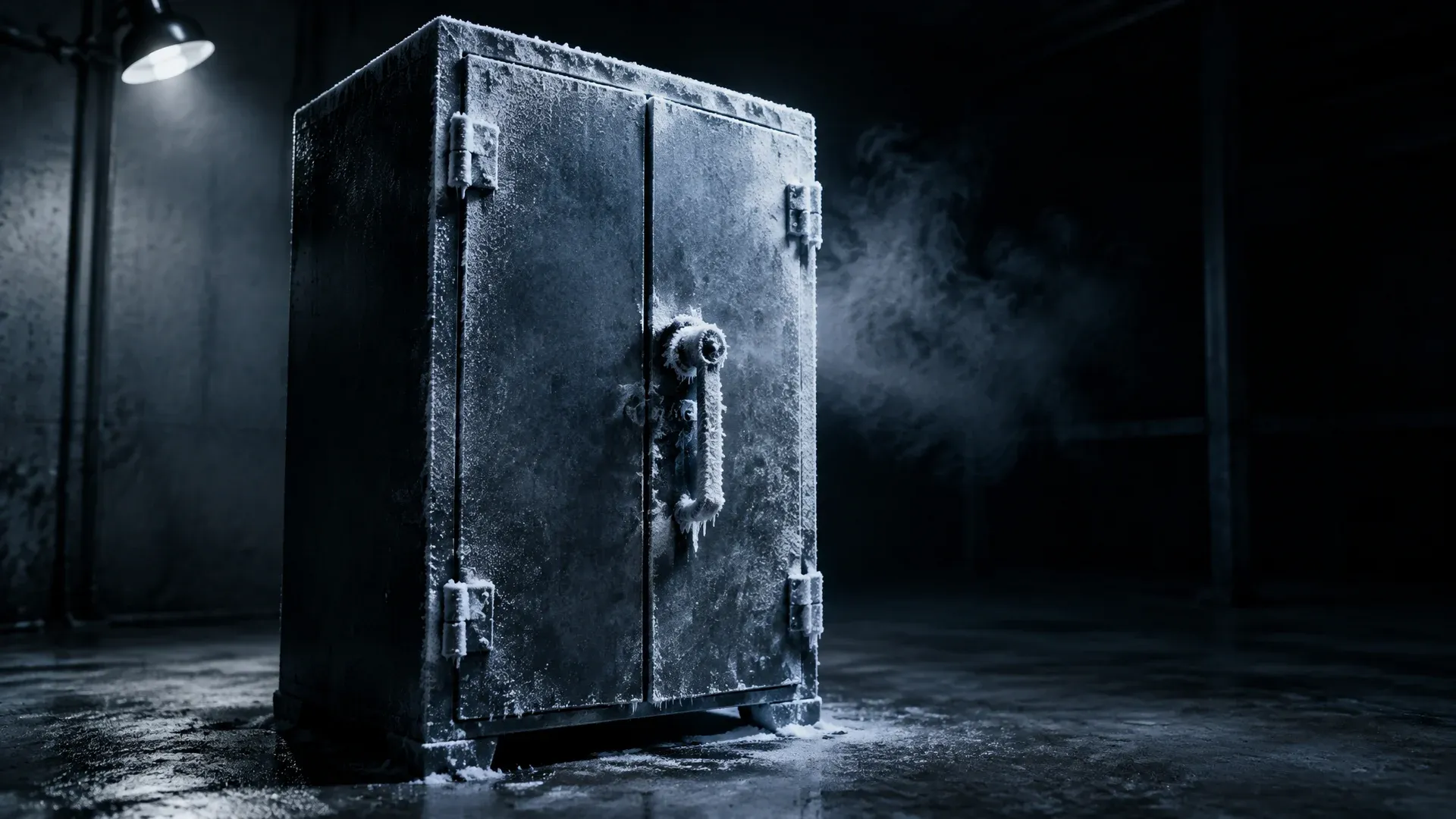 Reifbedeckter Stahlschrank in einem kalten leeren Lagerraum, dicker weißer Frost auf Scharnieren und Griff, kalter Nebel in der Luft