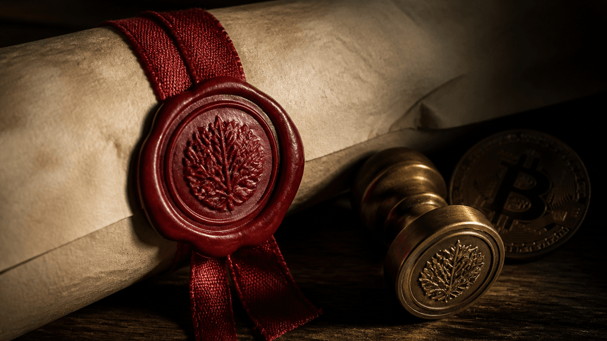 A red wax seal with ribbon on a parchment certificate next to a brass stamp and a Bitcoin coin