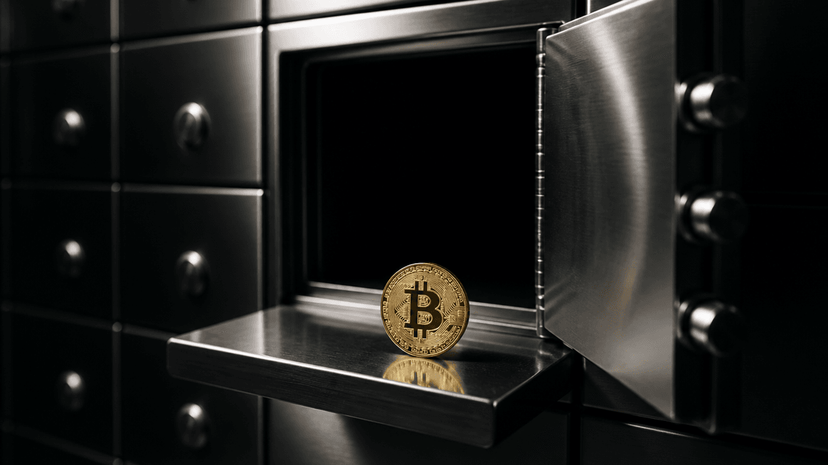 An open, empty safe deposit box in a steel vault wall, with a single Bitcoin coin lying on the shelf in front of it