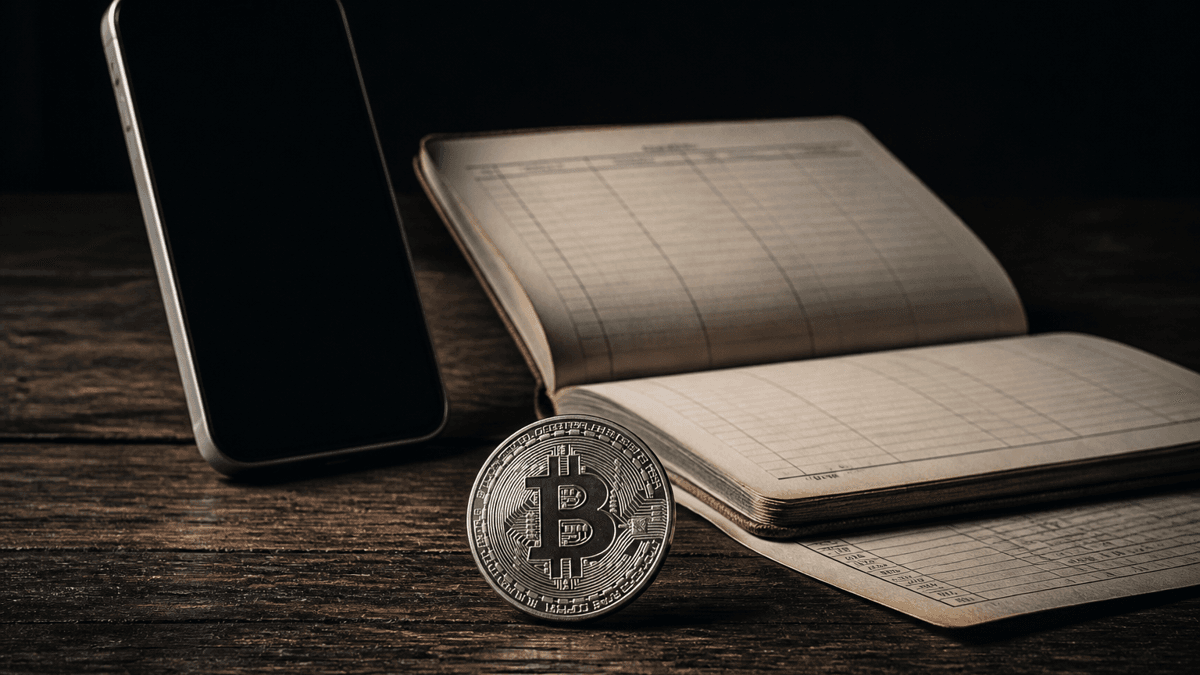 Smartphone mit dunklem Bildschirm neben einem aufgeschlagenen Sparbuch und einem Kontoauszug auf dunklem Holz, davor eine silberne Muenze mit Bitcoin-Zeichen