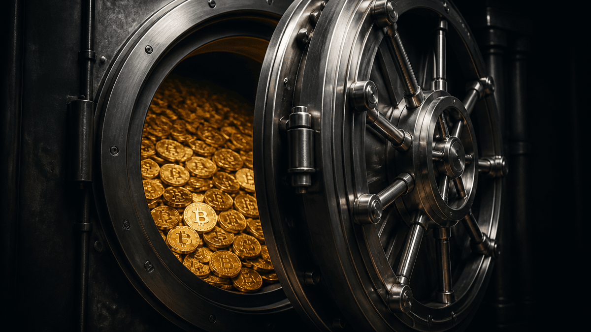 Geoeffnetes rundes Stahl-Tresortor, dahinter hunderte gleiche goldene Muenzen mit Bitcoin-Zeichen lose in einem einzigen gemeinsamen Fach