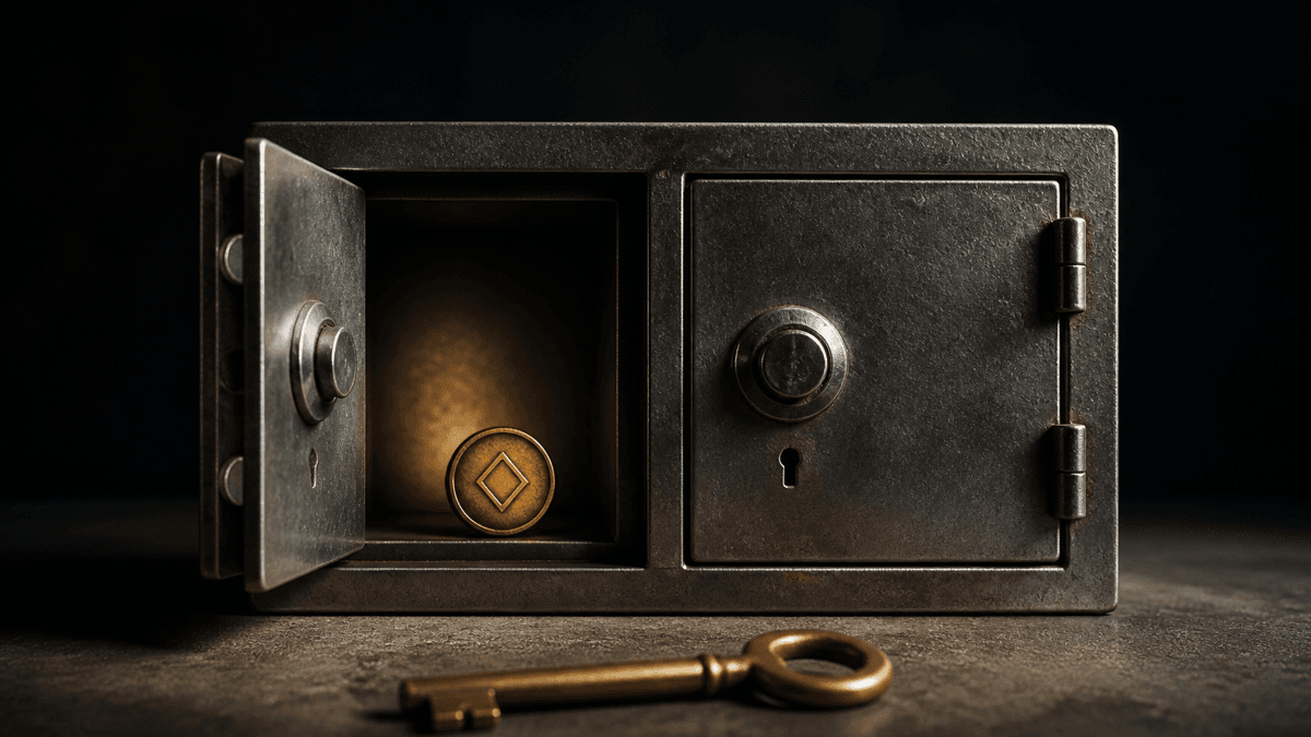 Double steel safe with one open and one closed door, a coin bearing a diamond-shaped symbol lying in the open compartment and a single brass key in front of it