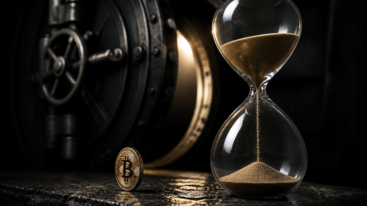 Large glass hourglass with sand trickling through in front of a closing metal flap, in the foreground an upright metal coin with a bitcoin imprint