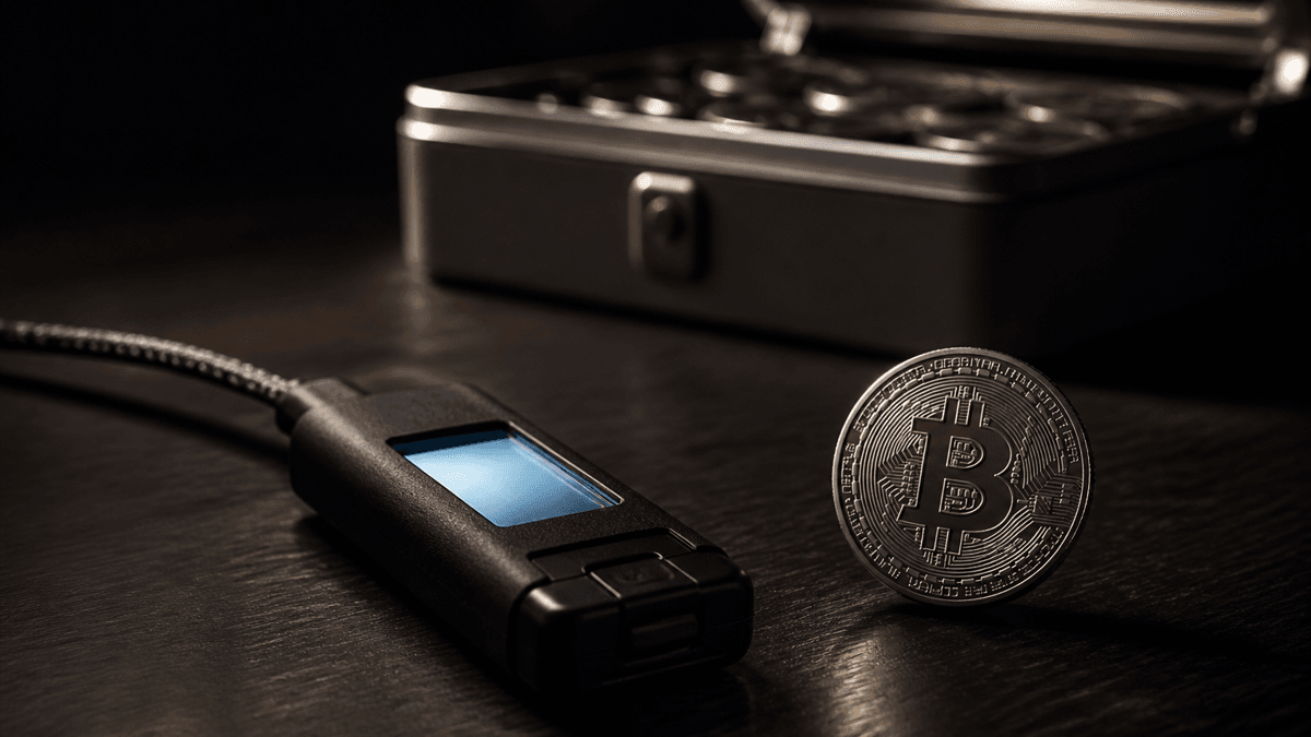 Small black security device with a blank, blue-glowing display on dark wood, next to it a metal coin with a bitcoin imprint and an opened steel cash box