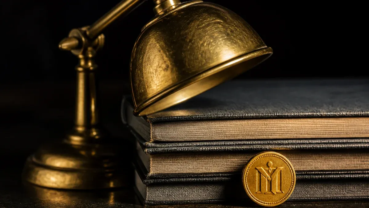 Brass desk lamp lighting up bound annual reports, with a gold coin standing upright beside them