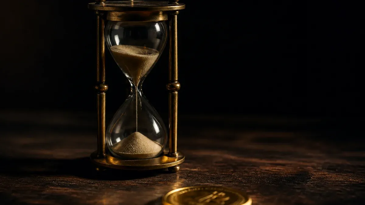 Antique brass hourglass on a dark wooden table, with a gold coin blurred in the foreground