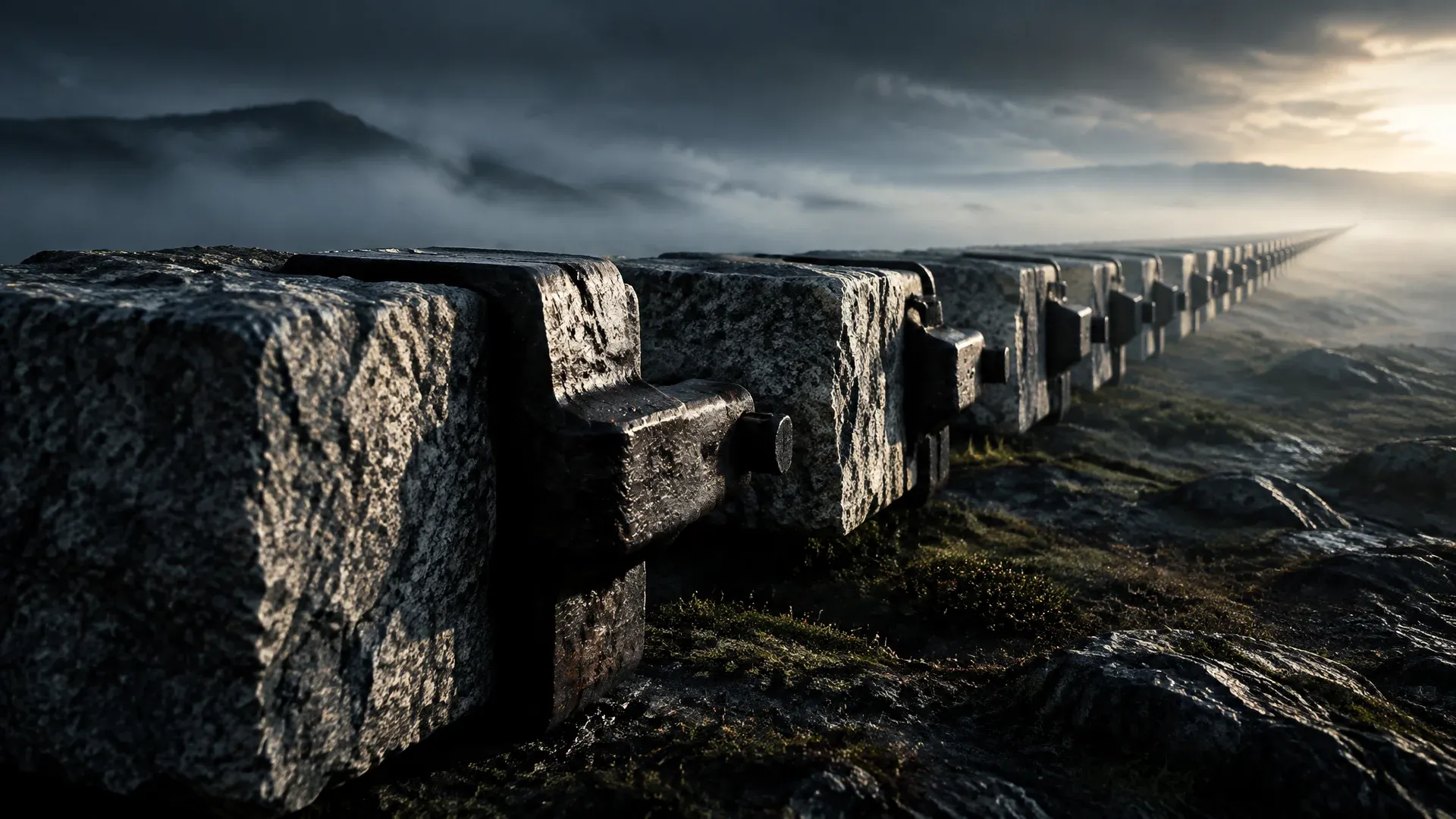 Rangée de blocs de granit reliés dans le brouillard, symbole de la blockchain du Bitcoin
