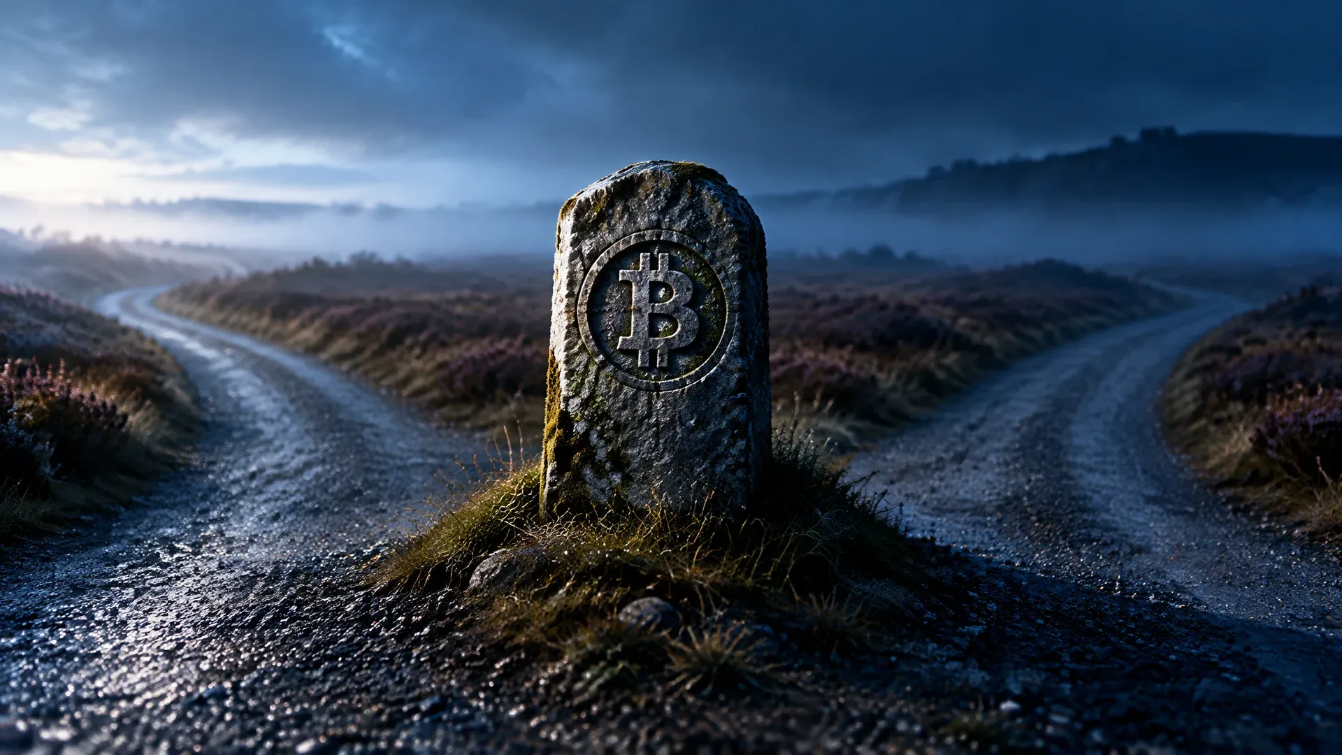 Bifurcation d'une route dans la brume avec une borne portant le symbole de Bitcoin Cash