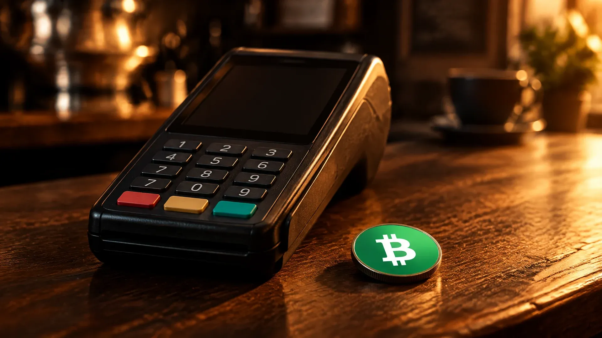 Terminal de paiement sur le comptoir d'un café, à côté une pièce portant le symbole de Bitcoin Cash