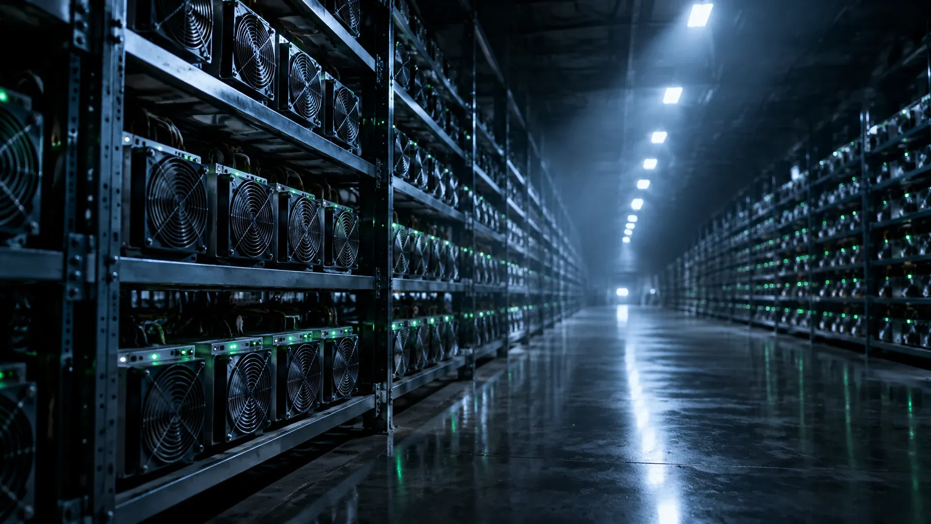 Rows of Bitcoin mining machines in a dark hall lit with cold light