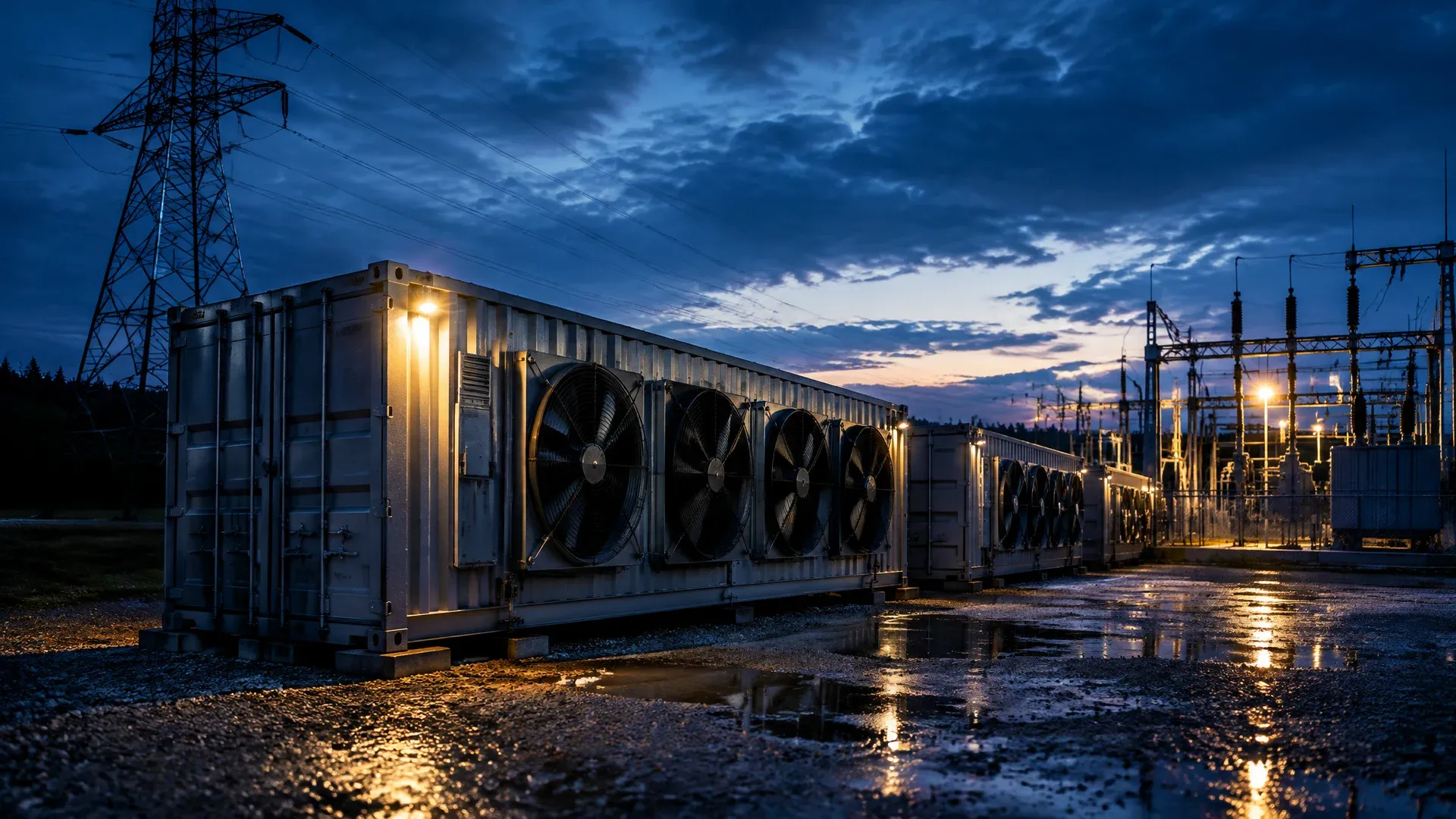 Mining containers next to a high-voltage pylon and substation at dusk, symbolising the power demand of Bitcoin mining