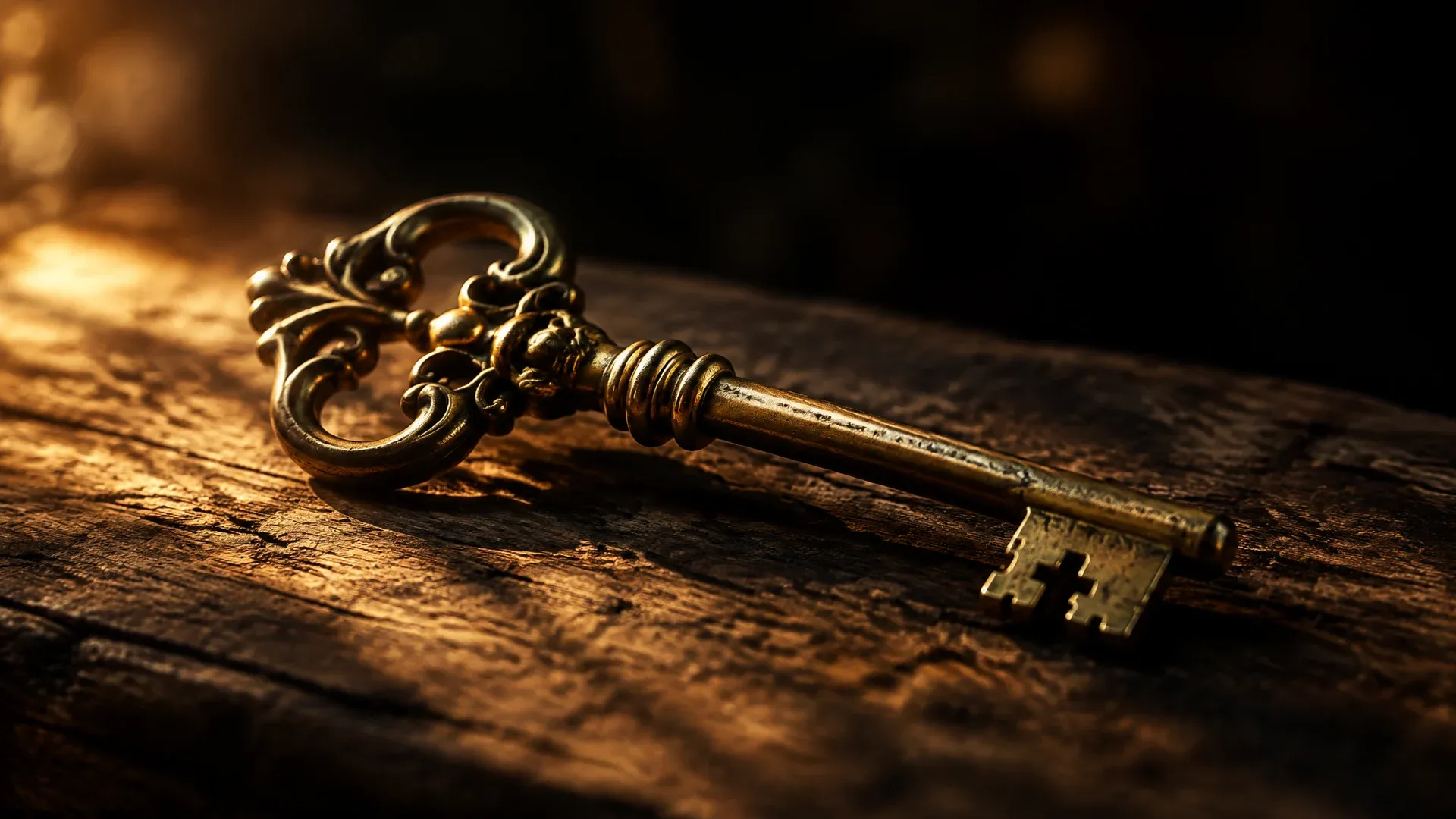 Vieille clé en laiton sur du bois de chêne, symbole de la clé privée d'un portefeuille Bitcoin