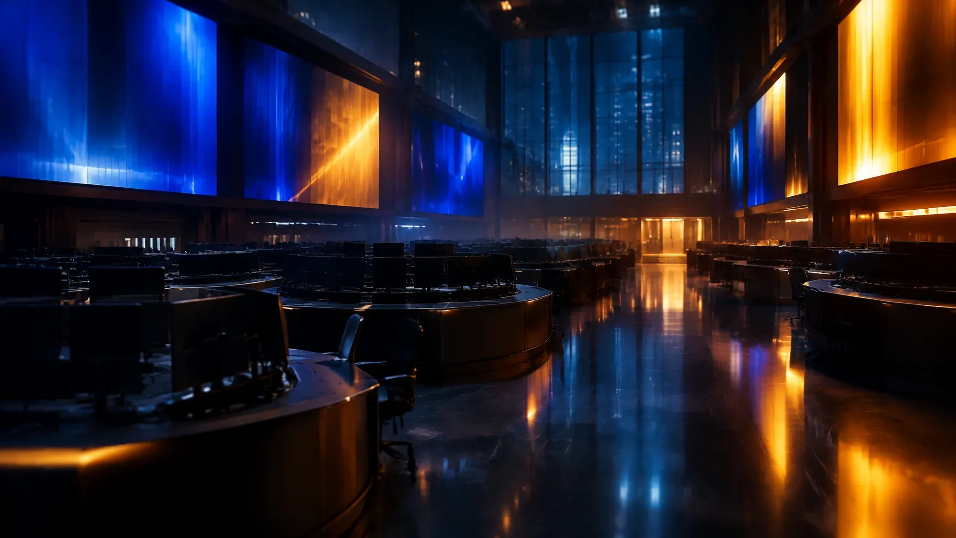 Sala bursátil vacía y oscura con paneles de luz en las paredes, símbolo de la negociación de los ETF de Bitcoin