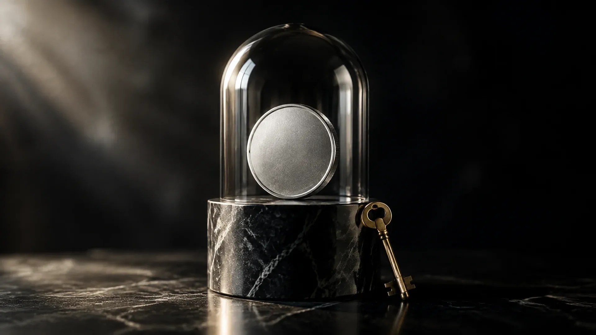 Silbermünze unter einer Glashaube auf Marmorsockel, Sinnbild für einen Stablecoin-Emittenten mit hinterlegter Reserve