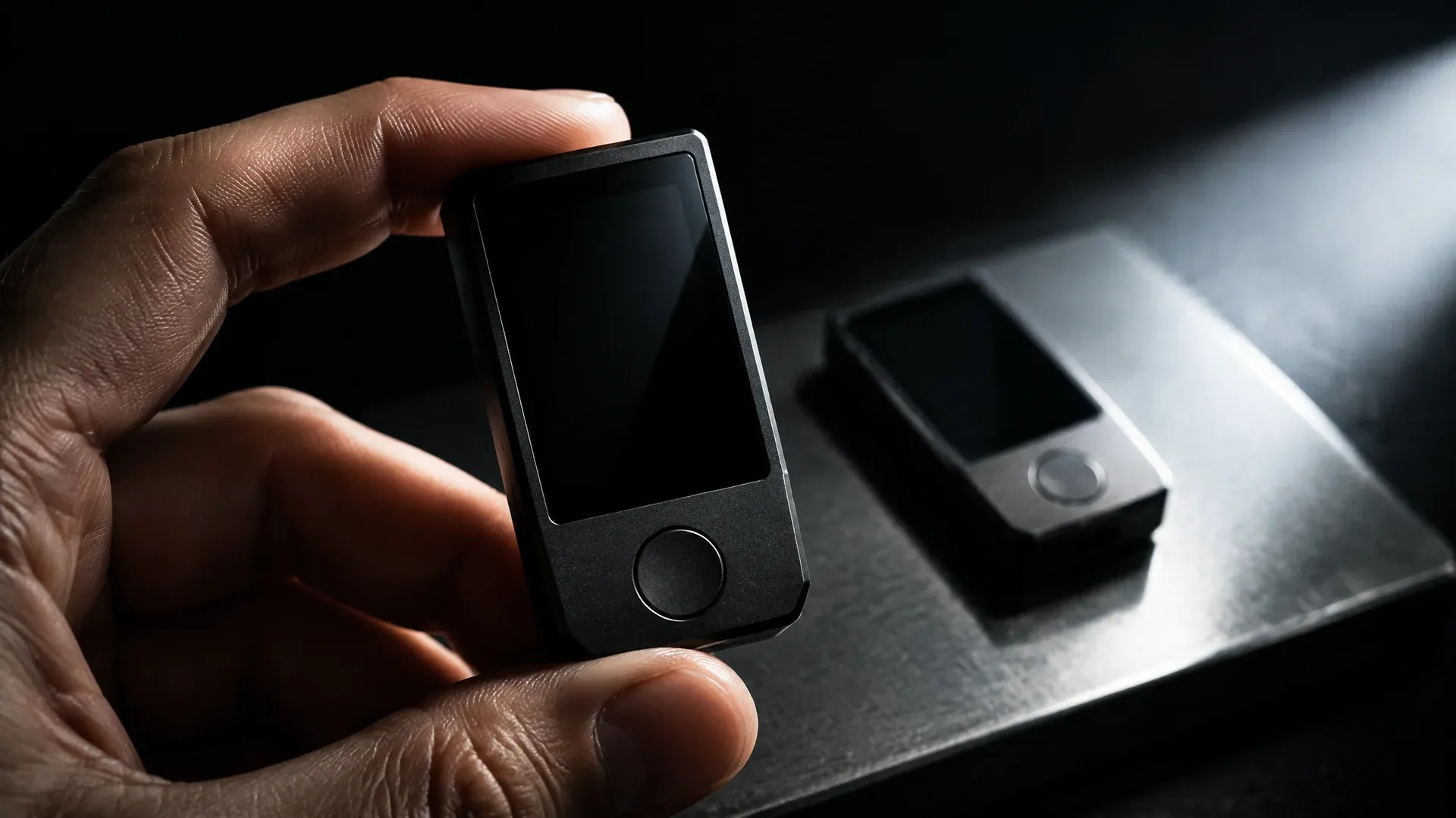 Markenlose Hardware-Wallet mit dunklem Display zwischen zwei Fingern, dahinter unscharf eine zweite