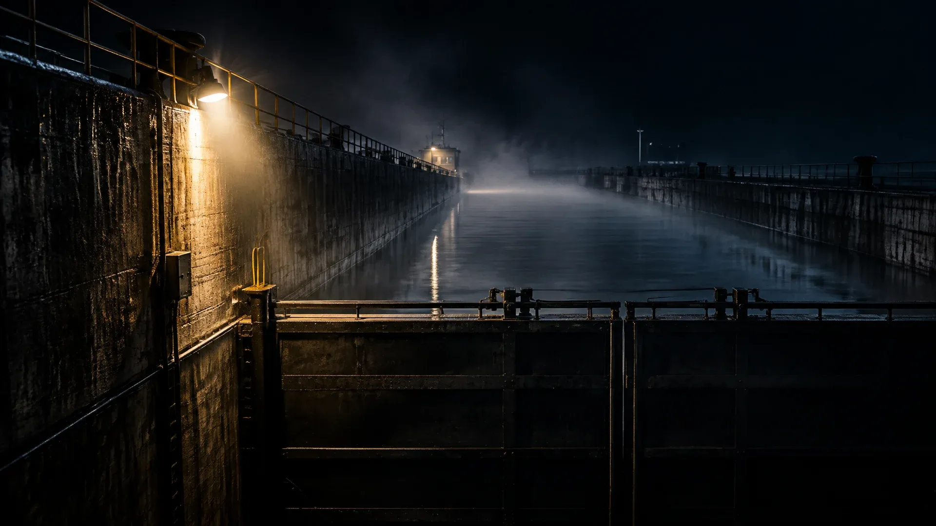 Schiffsschleuse bei Nacht mit geschlossenem vorderem Tor und hoch aufgestautem, ruhigem Wasser, beleuchtet von einem einzelnen Arbeitslicht
