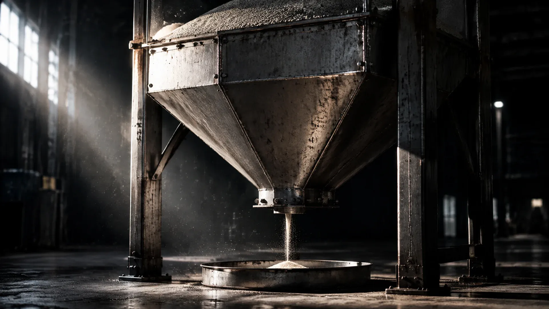 Steel bulk-material hopper in a dark hall, full at the top, with only a wafer-thin stream of granulate trickling into a metal bowl below