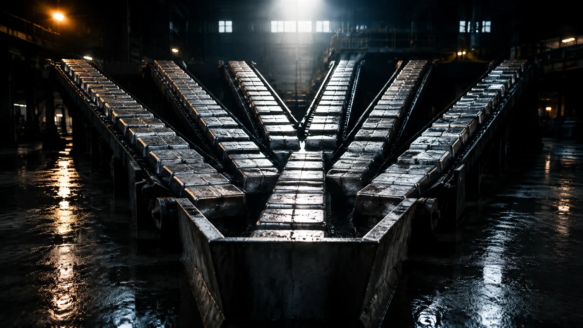 Six parallel conveyor belts carrying equally sized metal bars converge into a single wide chute in a dark factory hall