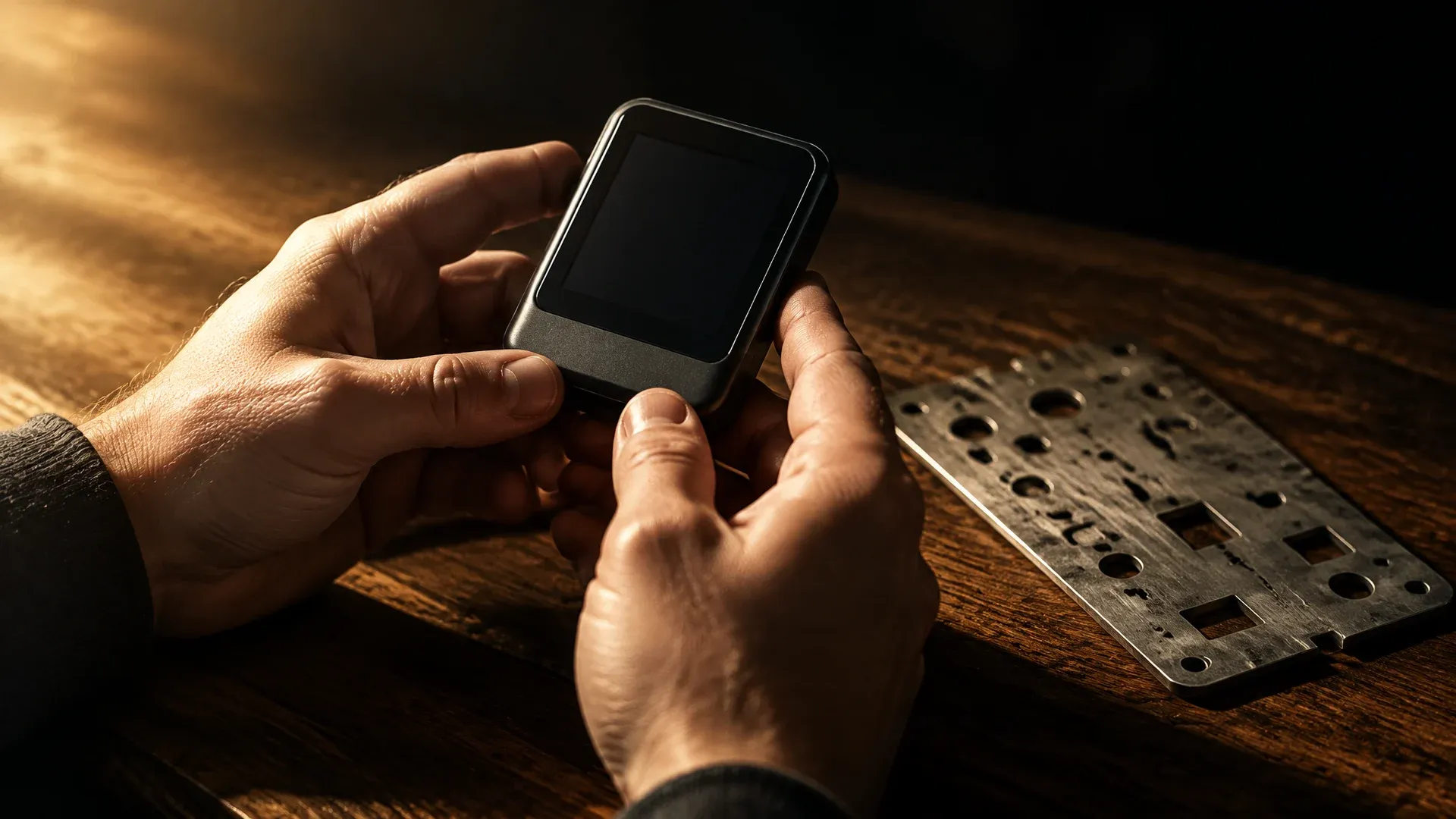 Zwei Hände halten ein kleines markenloses Hardware-Gerät mit dunklem Display über einem Holztisch