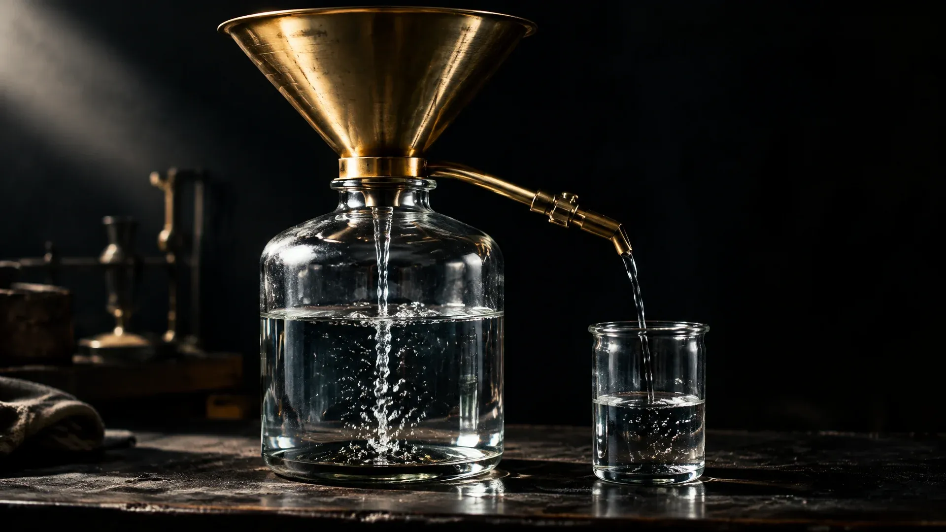 Messingtrichter über einem Glasbehälter, ein Seitenrohr zweigt einen Teil der Flüssigkeit in ein kleineres Glas ab